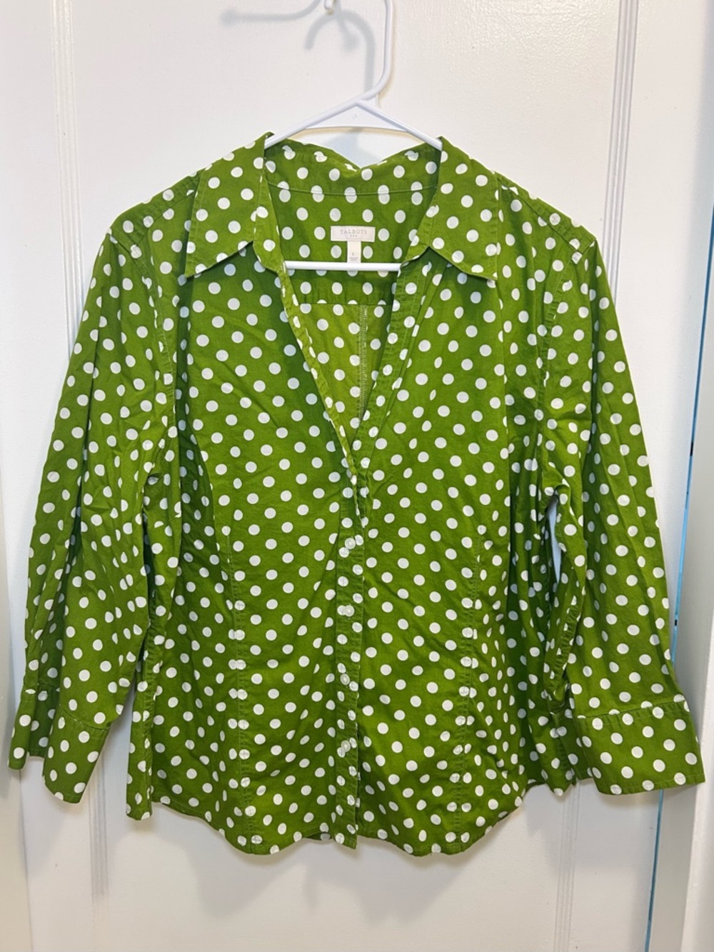 Talbots Green W/ White Polka Dots Collard Long Sleeve Button Up Shirt Womens L